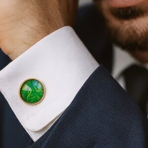 Hand Crafted Green Gold Fluid Art Cufflinks Glass Cabochon Men’s Gift